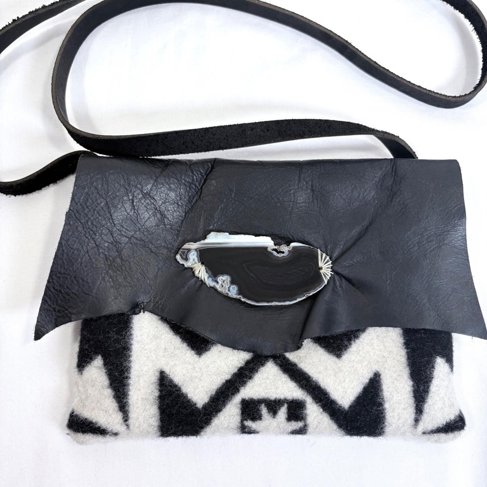 VTG Handmade Black Leather Festival Bag Geometric Wool Agate Renfair Witchy Goth